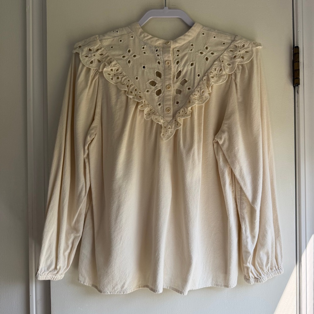 Madewell Cream Eyelet Yoke Ruffle Long Sleeve Blouse Small Ivory Cotton Viscose - Picture 6 of 10